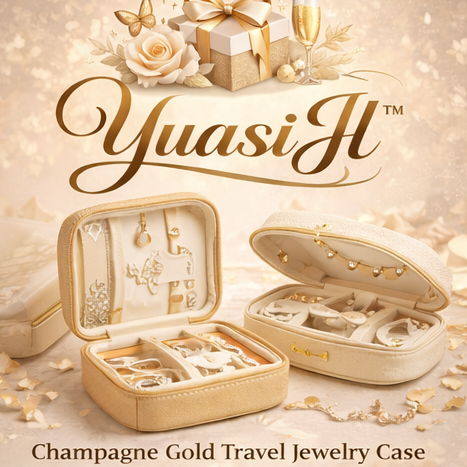 YuasiJl™ Champagne Gold Travel Jewelry Case – Luxury Portable Organizer for Rings & Necklaces