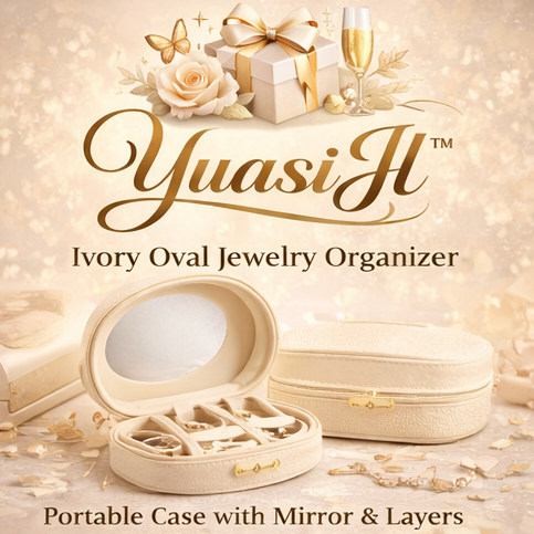 YuasiJl™ Ivory Oval Jewelry Organizer – Elegant Portable Case with Mirror for Daily Use