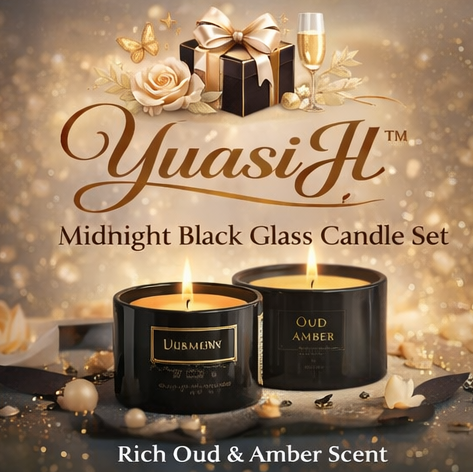 YuasiJl™ Midnight Black Glass Candle Set – Luxury Oud Amber Scent Gift Collection
