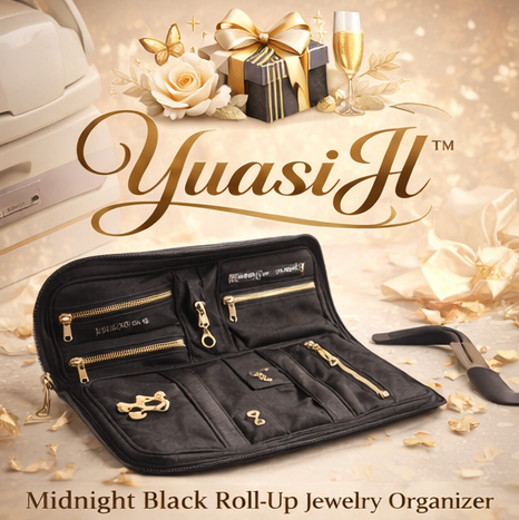 YuasiJl™ Midnight Black Roll-Up Jewelry Organizer – Premium Travel Wrap Case for Accessories